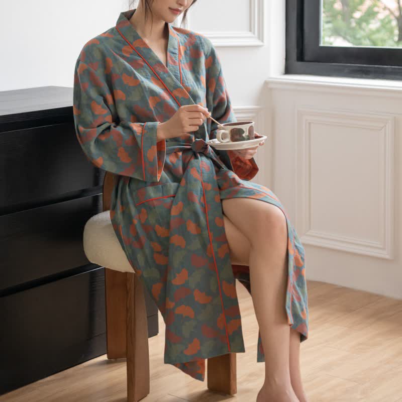 Ginkgo Leaf Cotton Loose Tie Bathrobe