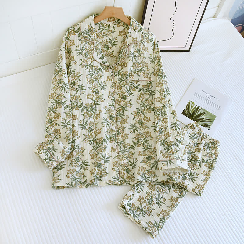 Vivid Leaf Cotton Lapel Pajama Set