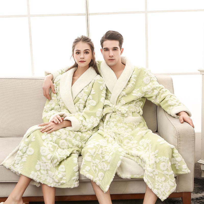 Ownkoti Flower Jacquard Fleece Pajama Long Bathrobe