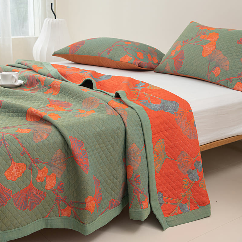 Orange Ginkgo Leaf Cotton Reversible Quilt