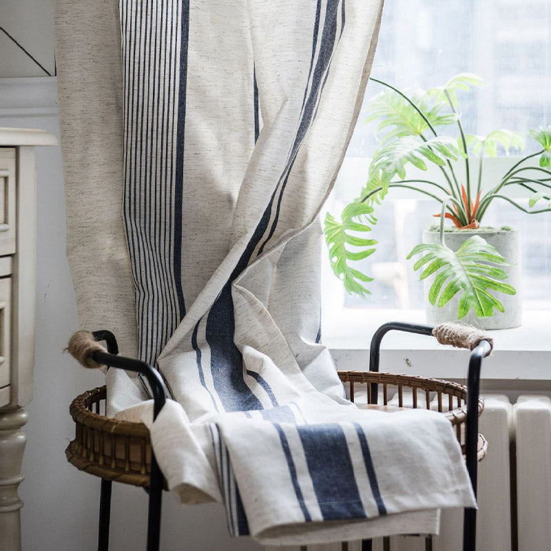 Ownkoti Navy & Beige Striped Semi-Blackout Curtains