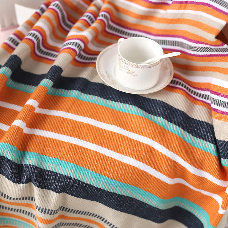 Colorful Striped Soft Tassel Rainbow Blanket