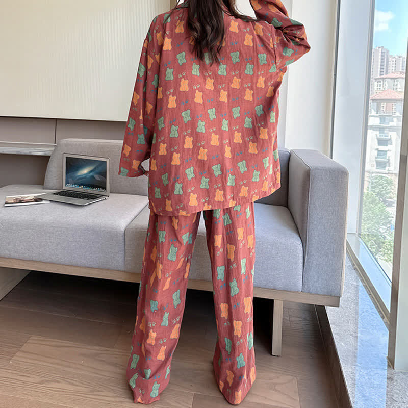 Plus Size Bear Cotton Lapel Loungewear Set