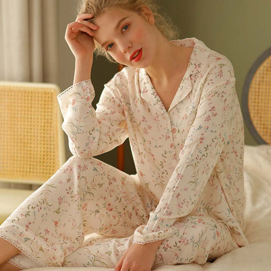 Ownkoti Floral Satin V-Neck Long Sleeve Loungewear