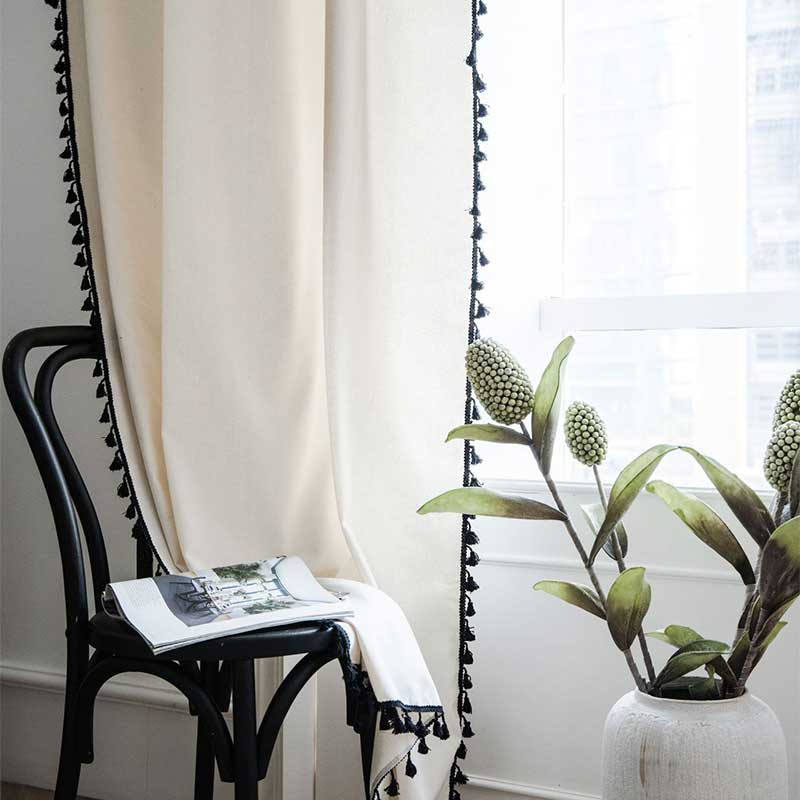 Cotton Linen Beige Curtain with Black Tassel