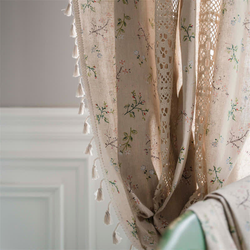 Ownkoti Floral Plaid Splicing Light Filtering Tassel Curtain