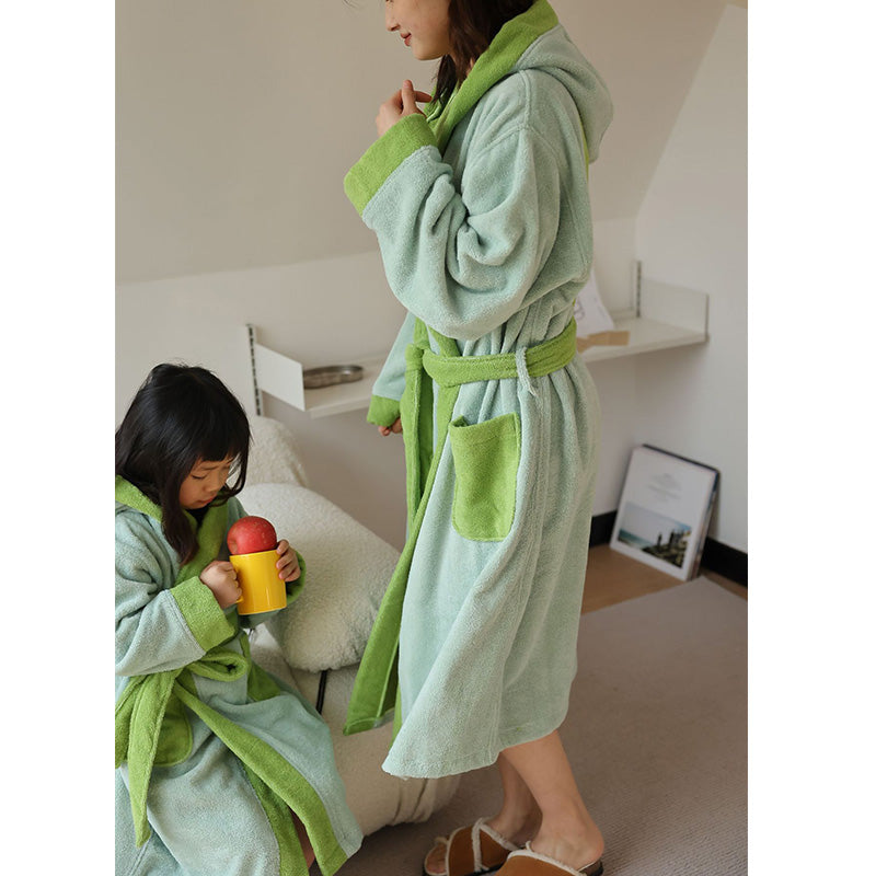 Flower Colorblock Cotton Hooded Bathrobe