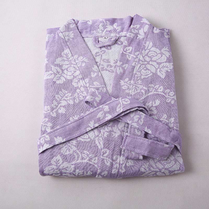 Flower Cotton V-neck Bathrobe with Tie