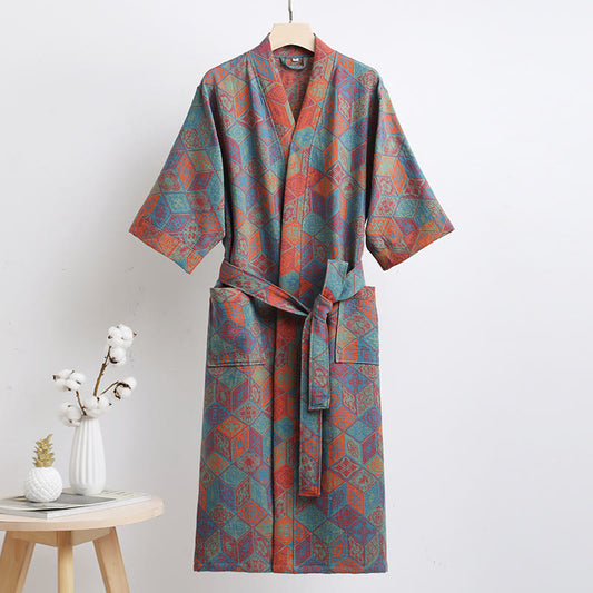 Rhombus Grid Cotton Bathrobe with Belt