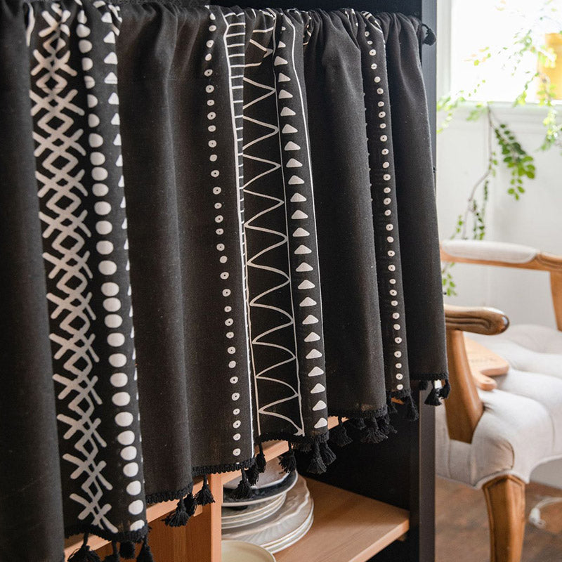 Black White Pattern Tassel Tier Curtain