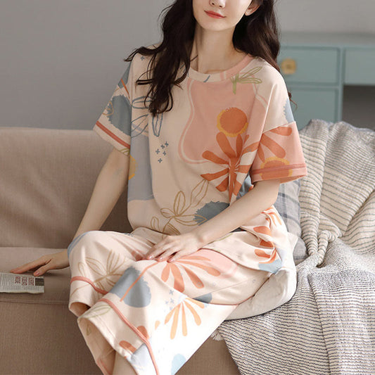 Flower Leaf Print Cotton Loungewear Set