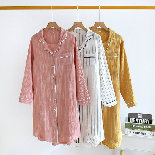 Solid Color Striped Lapel Nightdress