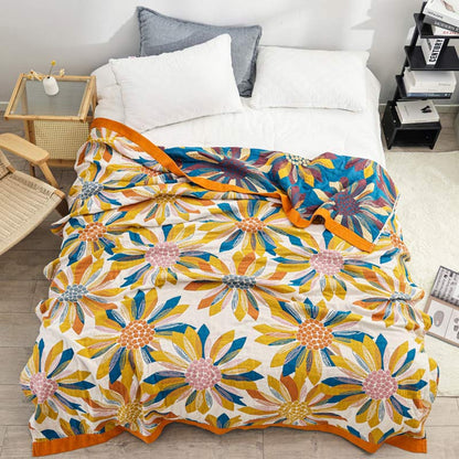 Ownkoti Yellow Flower Print Cotton Reversible Quilt