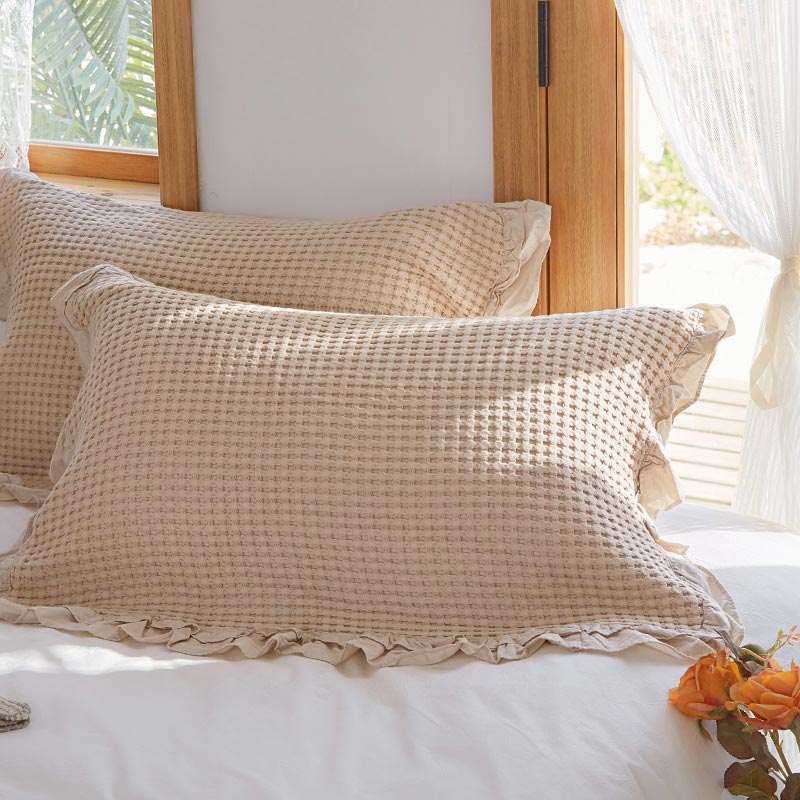 Waffle Weave Cotton Pillowcases with Ruffle (2PCS)