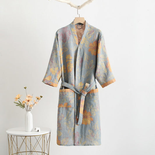 Double Layers Gauze Cotton Floral Bathrobe