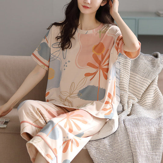 Flower Leaf Print Cotton Loungewear Set