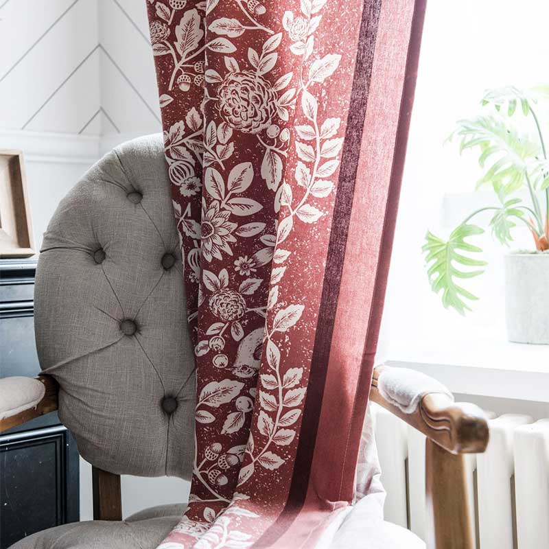 Cotton Linen Flower Red Curtain