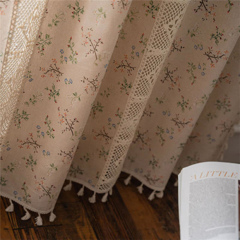 Ownkoti Floral Plaid Splicing Light Filtering Tassel Curtain