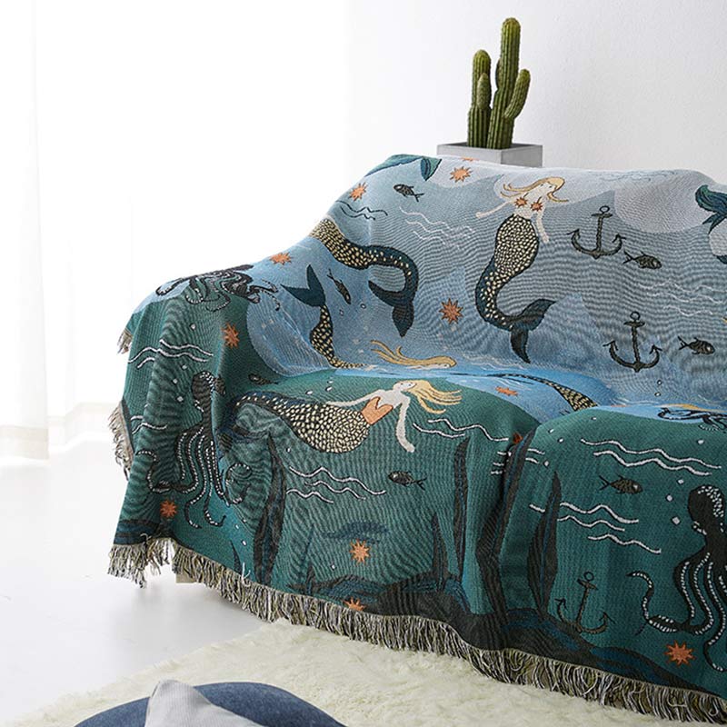 Ownkoti Mermaid Sofa Cover Palm Tassel Blanket