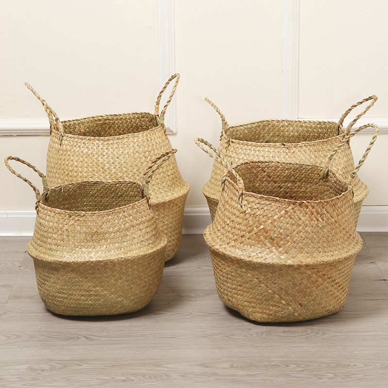 Ownkoti Woven Seagrass Belly Basket Storage Plant Pot Basket (2PCS)