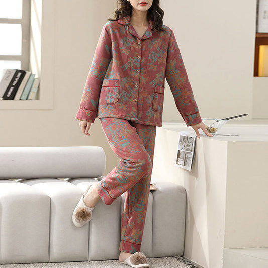 Flower Print Cotton Double-layer Loungewear Set