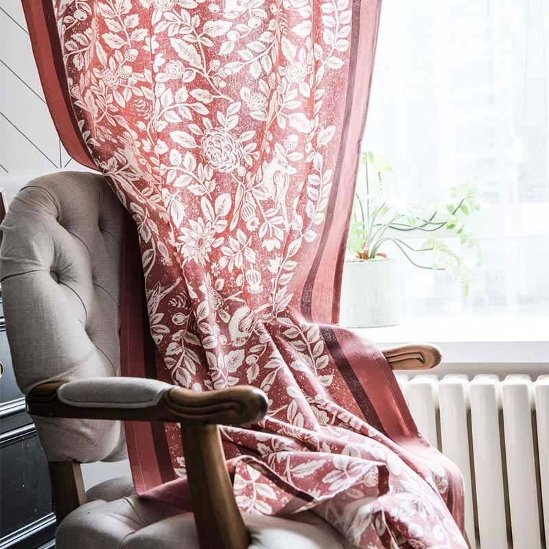 Cotton Linen Flower Red Curtain