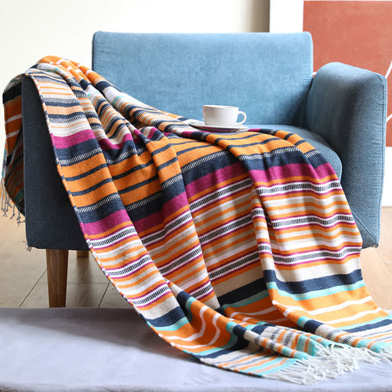 Colorful Striped Soft Tassel Rainbow Blanket