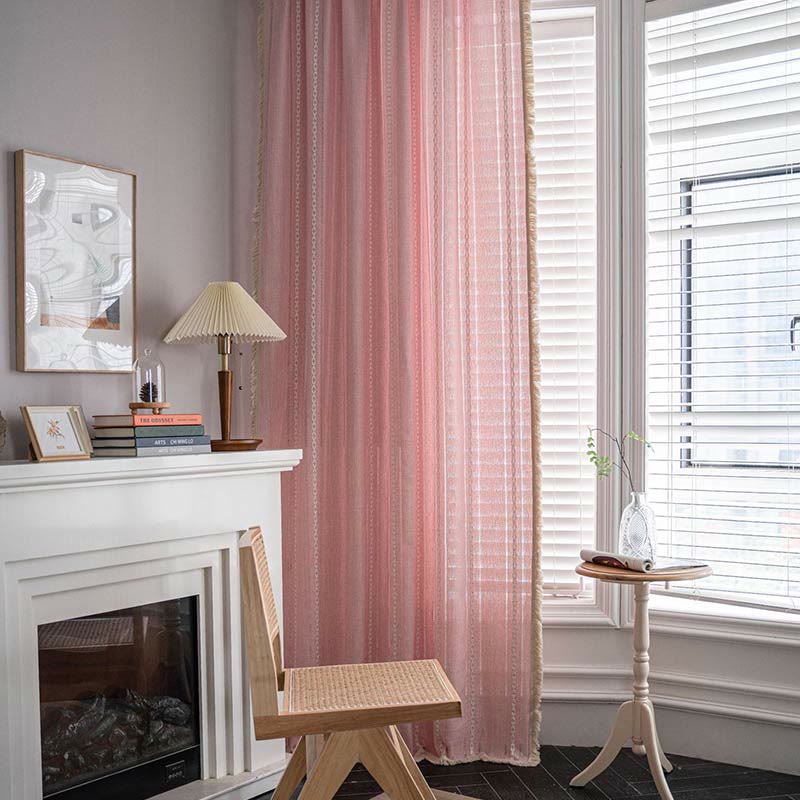 Ownkoti Simple Stripe Hollow-out Semi-shading Tassel Curtain