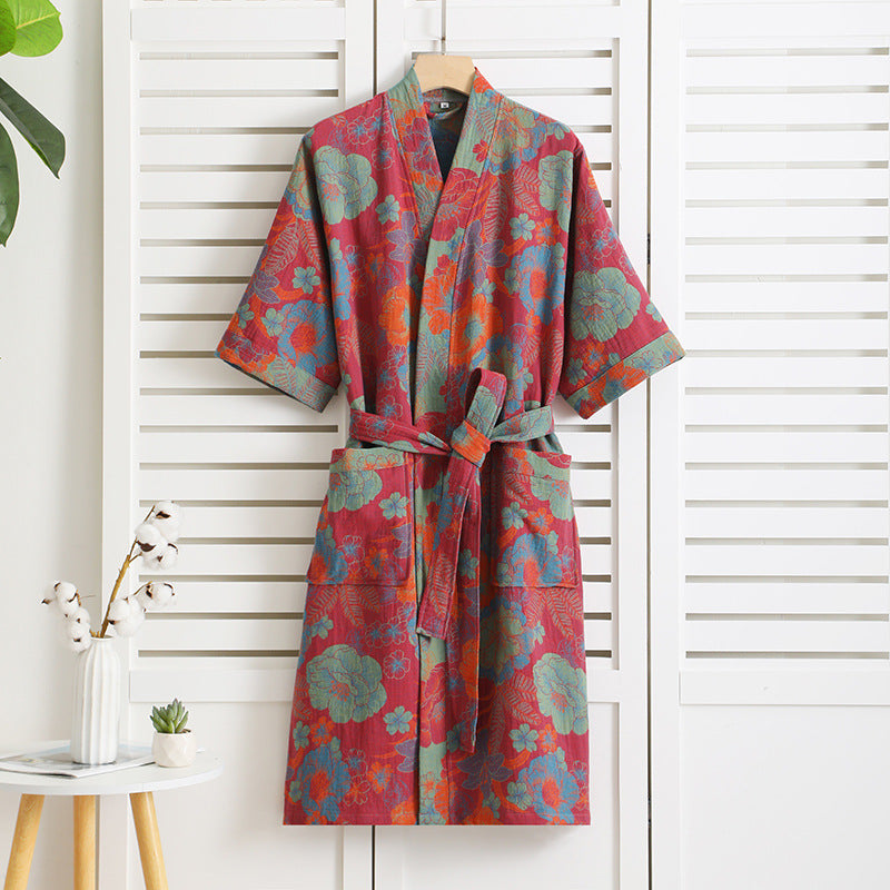 Retro Cotton Gauze Floral Summer Bathrobe