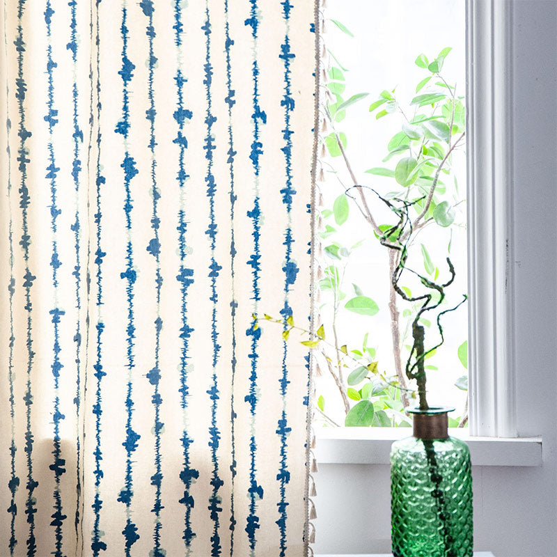 Blue ECG Pattern Cotton Linen Curtain