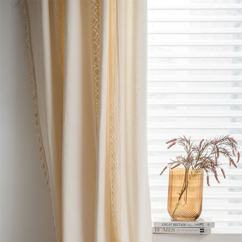 Beige Hollow-Out Light Filtering Tassel Curtain