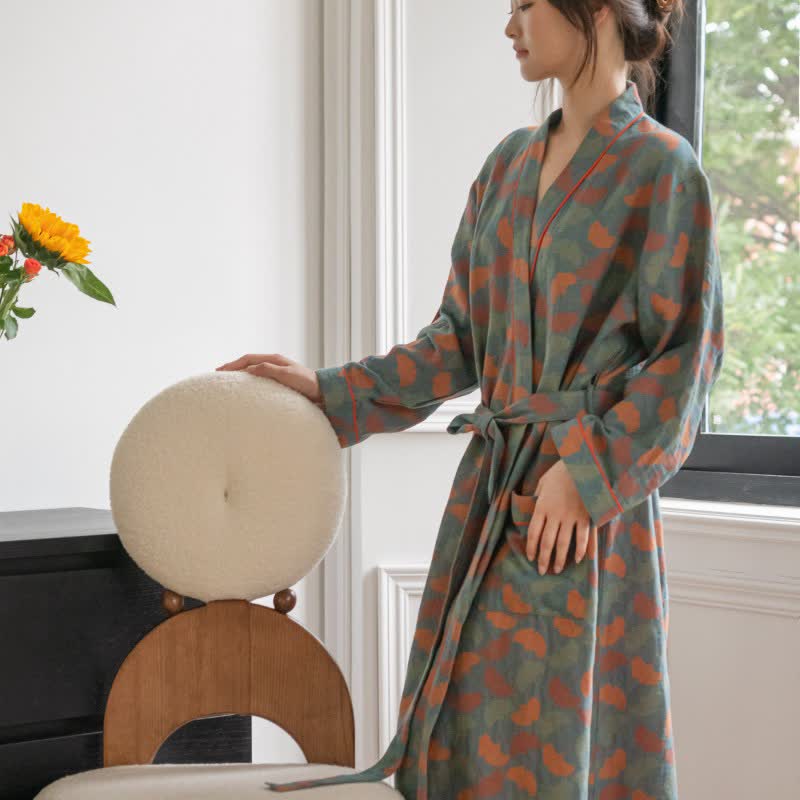 Ginkgo Leaf Cotton Loose Tie Bathrobe