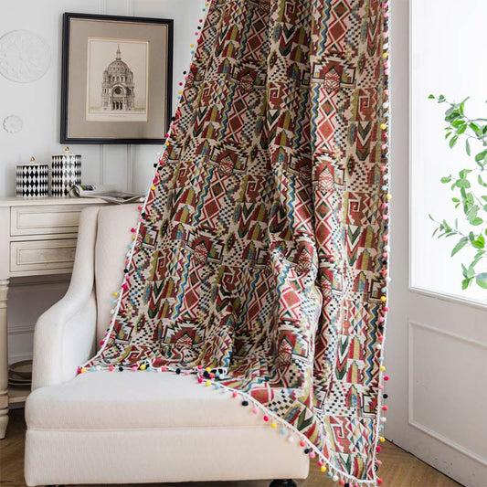 Pom-pom Colorful Pattern Cotton Linen Curtain