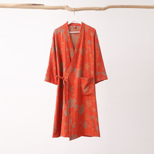 Flower Jacquard Cotton V-Neck Bathrobe Pajama