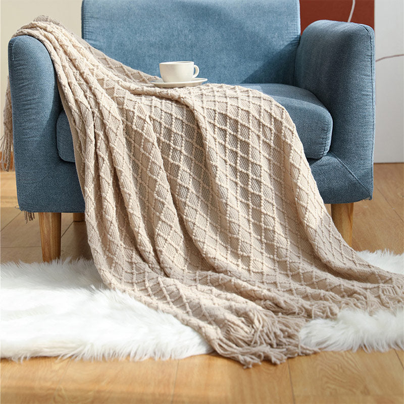 Ownkoti Knitted Prismatic Pattern Blanket with Tassels