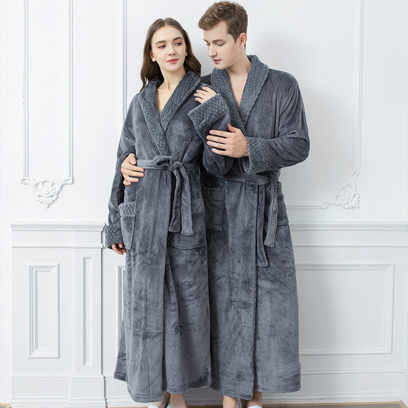 Solid Color Warm Flannel Long Bathrobe