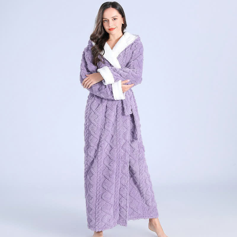 Ownkoti Jacquard Hoodie Long Bathrobe with Belt