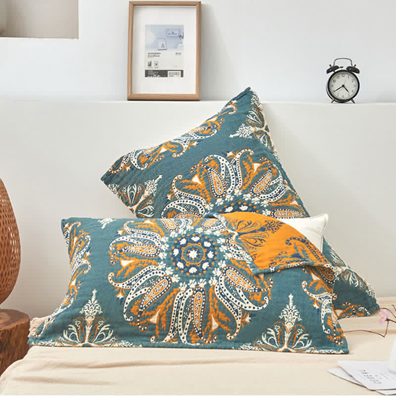 Dark Cyan Flower Pattern Pillow Towel (2PCS)