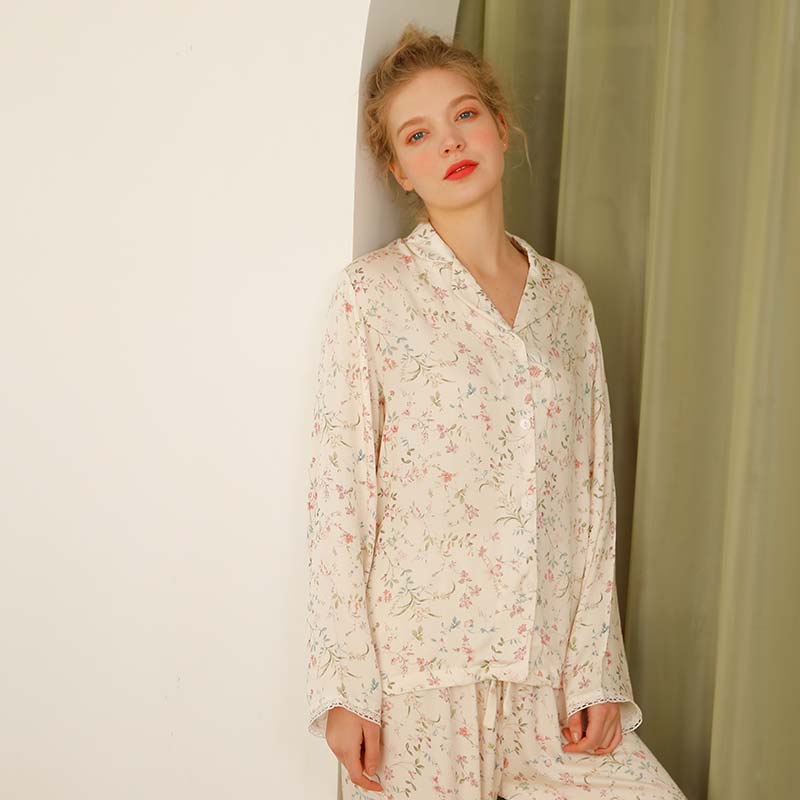 Ownkoti Floral Satin V-Neck Long Sleeve Loungewear