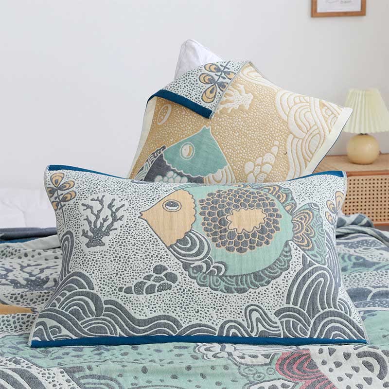 Ownkoti Sea Fish Pattern Cotton Pillow Towel (2PCS)