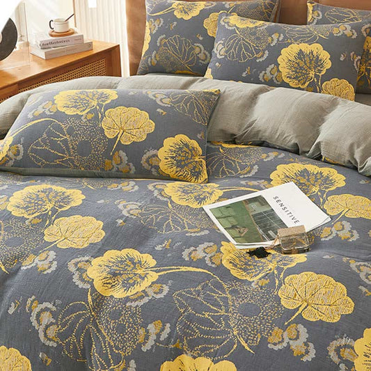 Yellow Leaf Print Cotton Bedding Sets (4PCS)