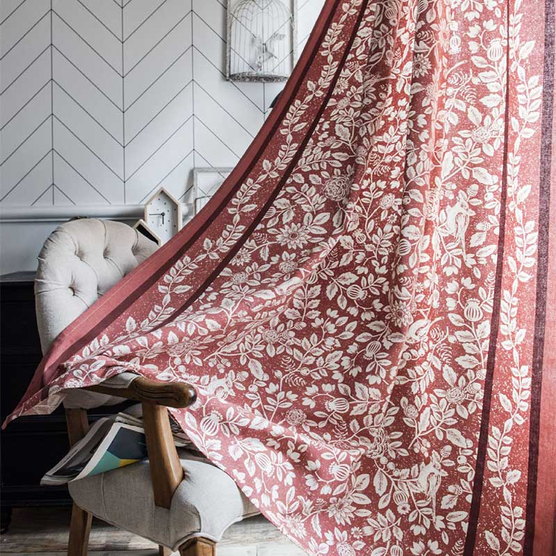 Cotton Linen Flower Red Curtain