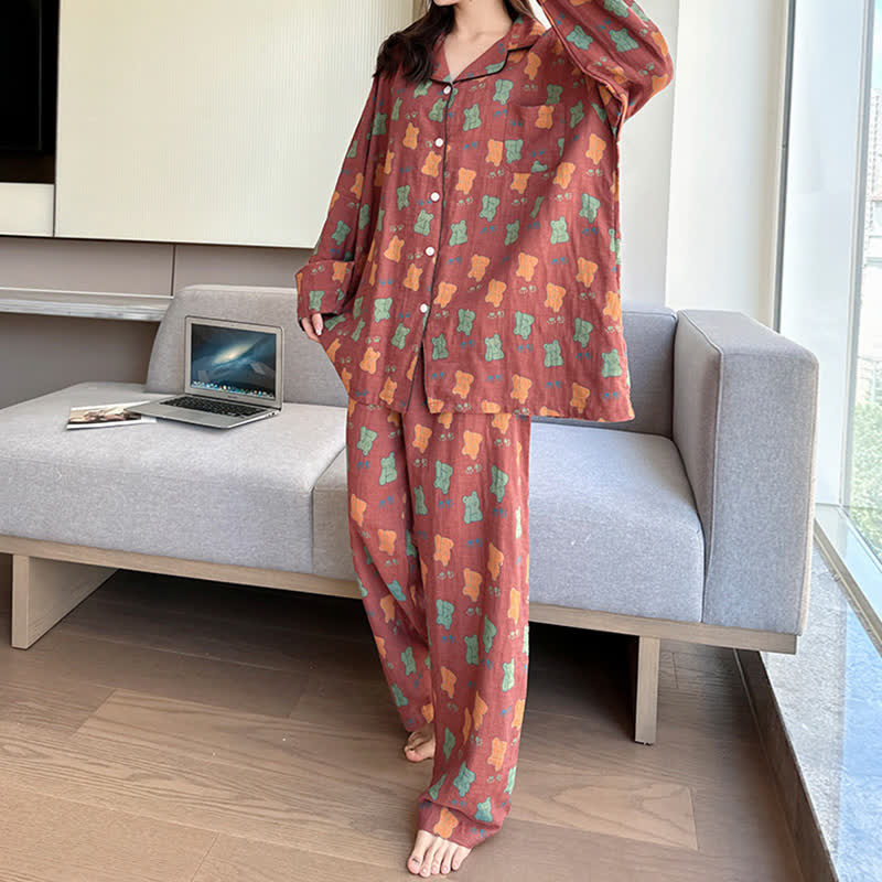 Plus Size Bear Cotton Lapel Loungewear Set