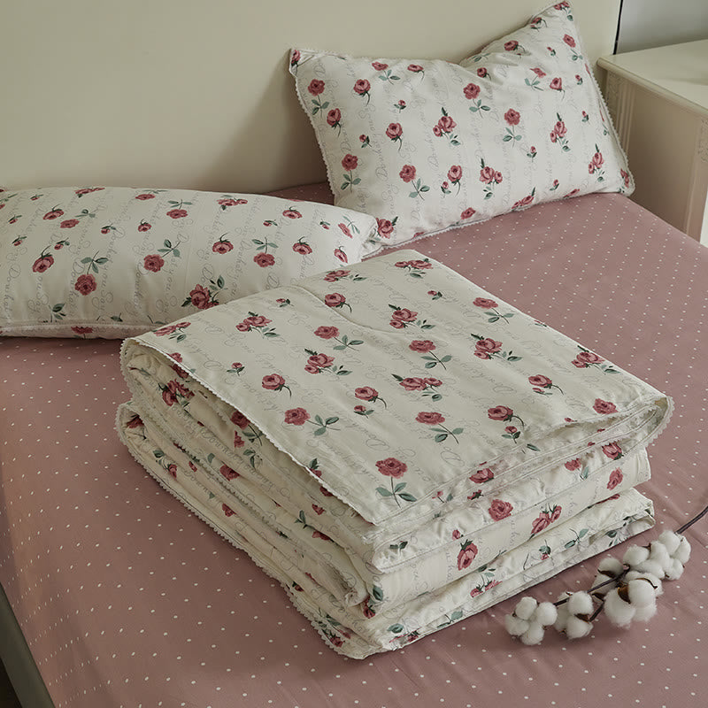 Floral Design Cotton Quilt Bedsheet & Pillowcases(4pcs)