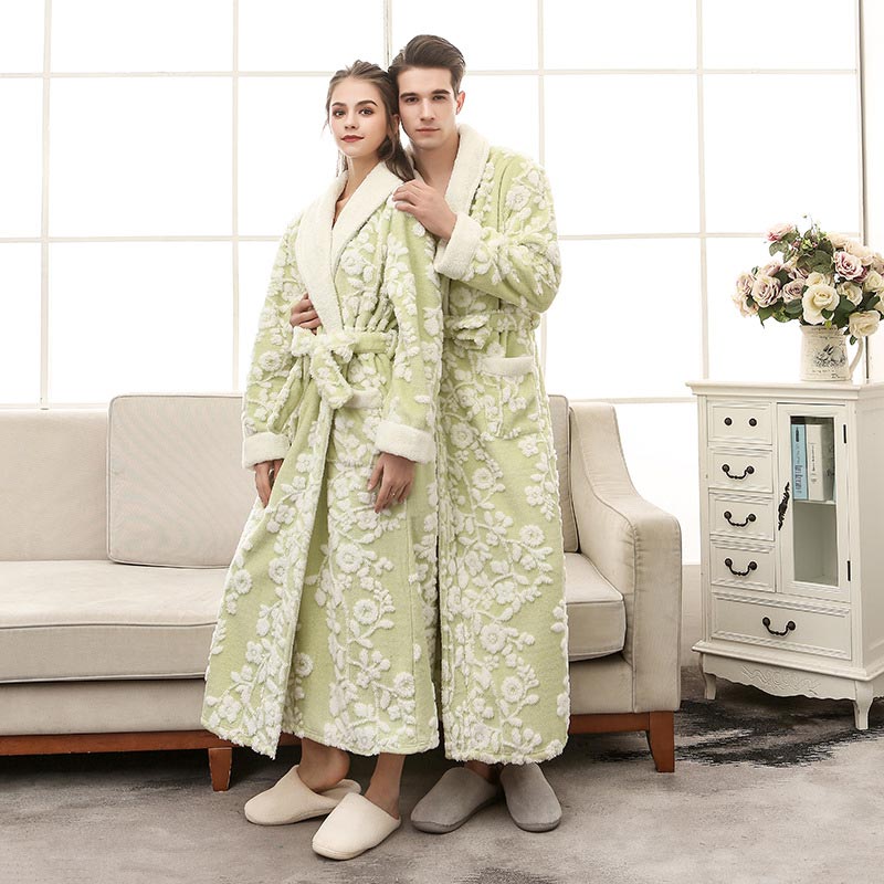 Ownkoti Flower Jacquard Fleece Pajama Long Bathrobe