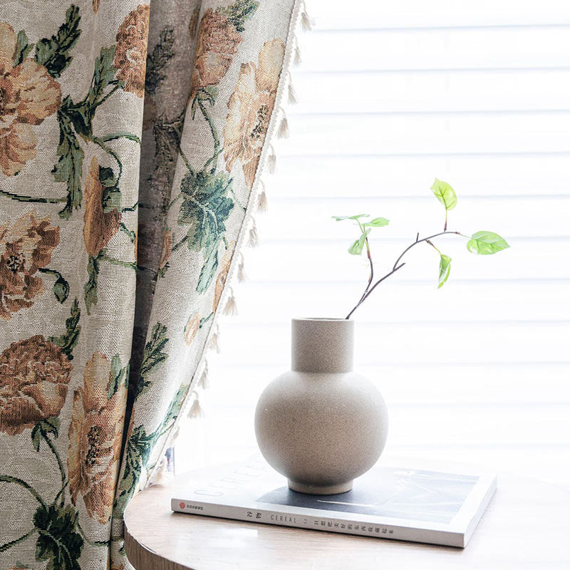 Beige Flower Tassel Semi Blackout Curtain