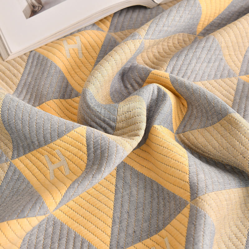 Ownkoti Triangle Pattern Gray & Yellow Cotton Quilt