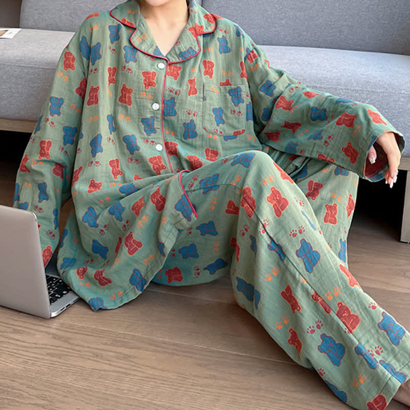 Plus Size Bear Cotton Lapel Loungewear Set