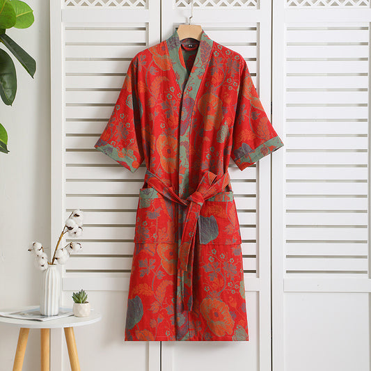 Floral Cotton Gauze Breathable Absorbent Bathrobe