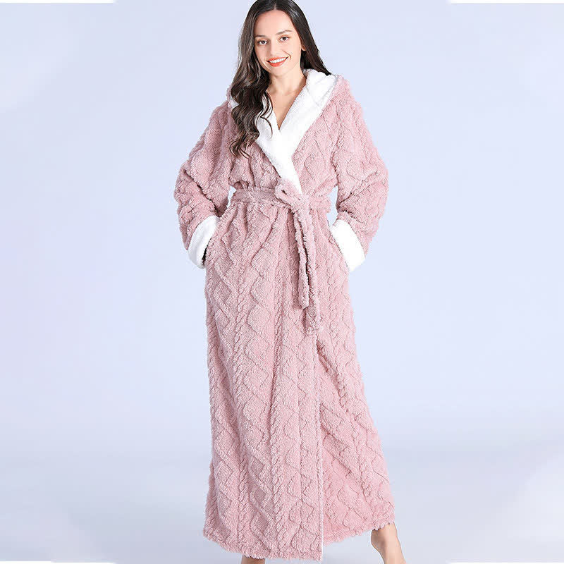 Ownkoti Jacquard Hoodie Long Bathrobe with Belt